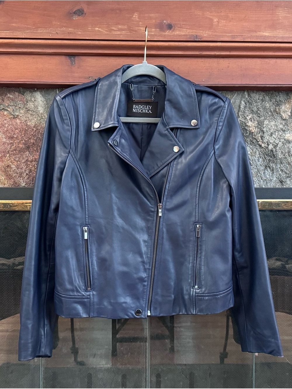 Badgley Mischka Navy Leather Moto Jacket with Zip Details